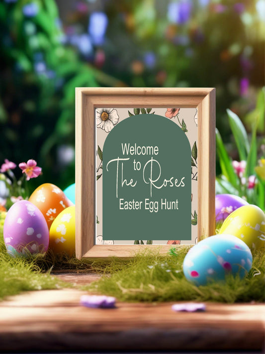 Forest Green Floral Arch Welcome Easter Egg Hunt Sign