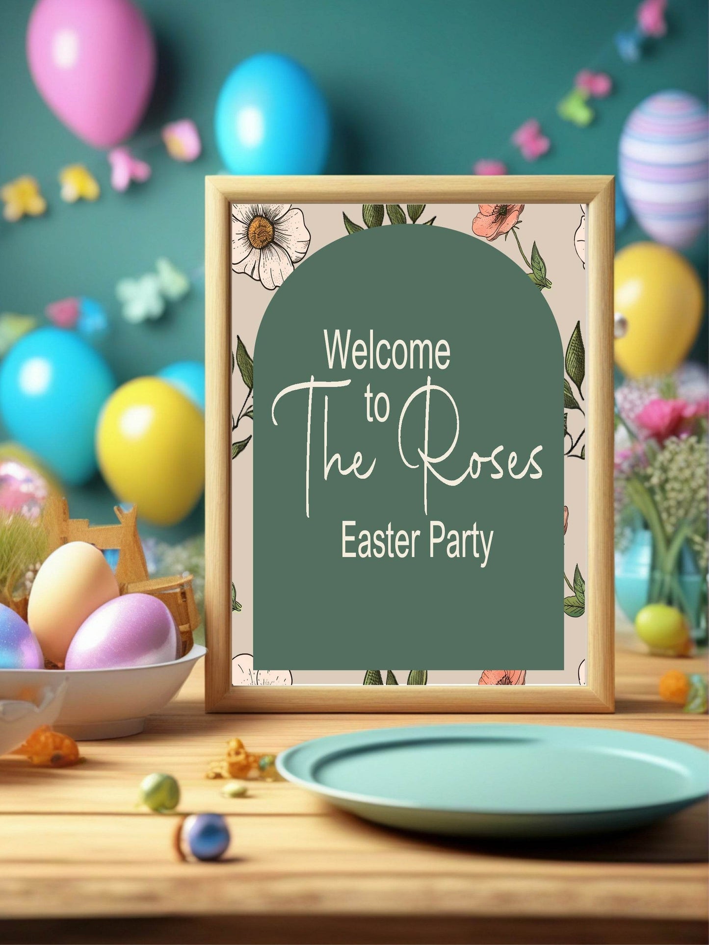 Forest Green Floral Arch Welcome Easter Party Sign