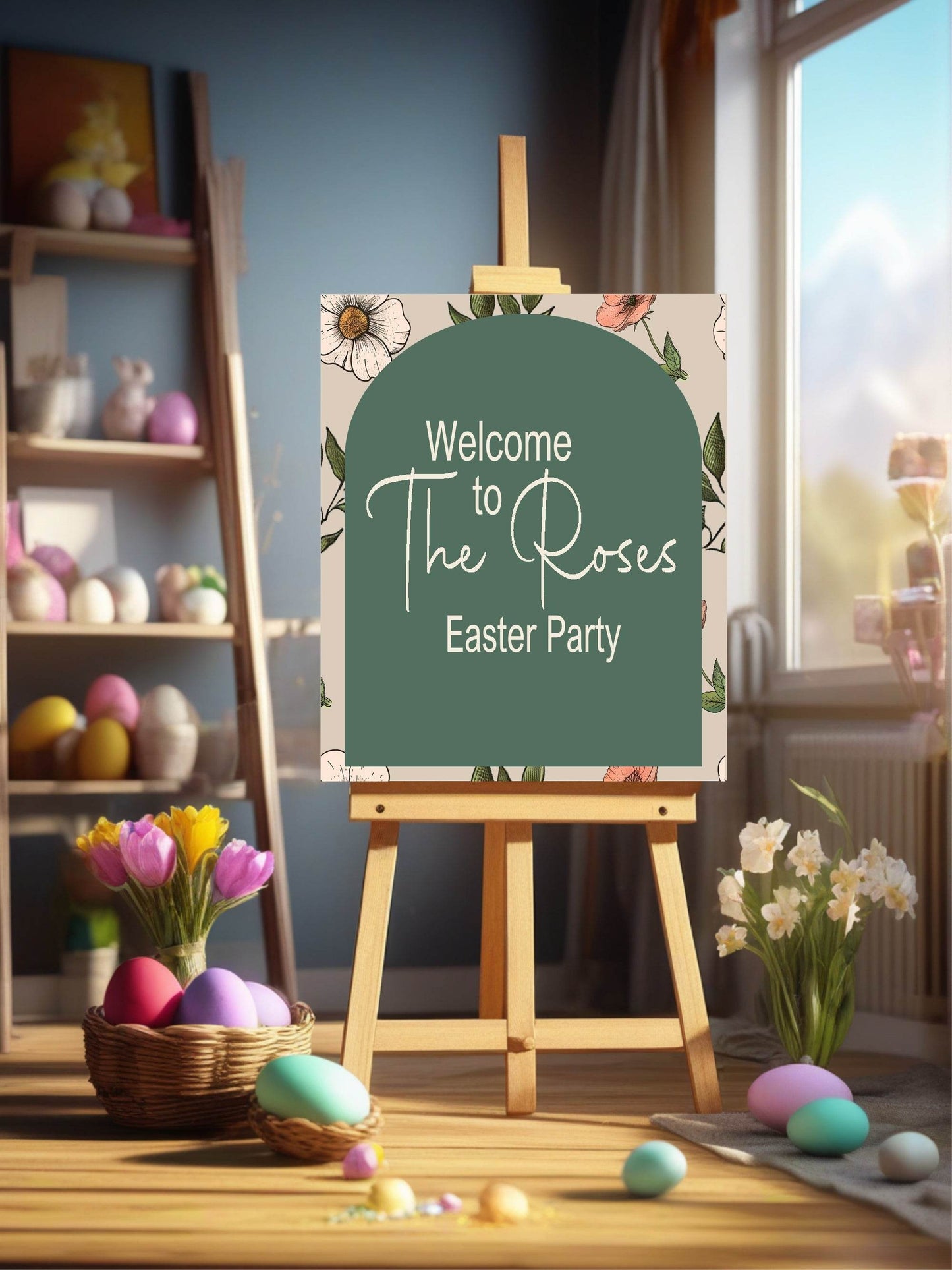 Forest Green Floral Arch Welcome Easter Party Sign
