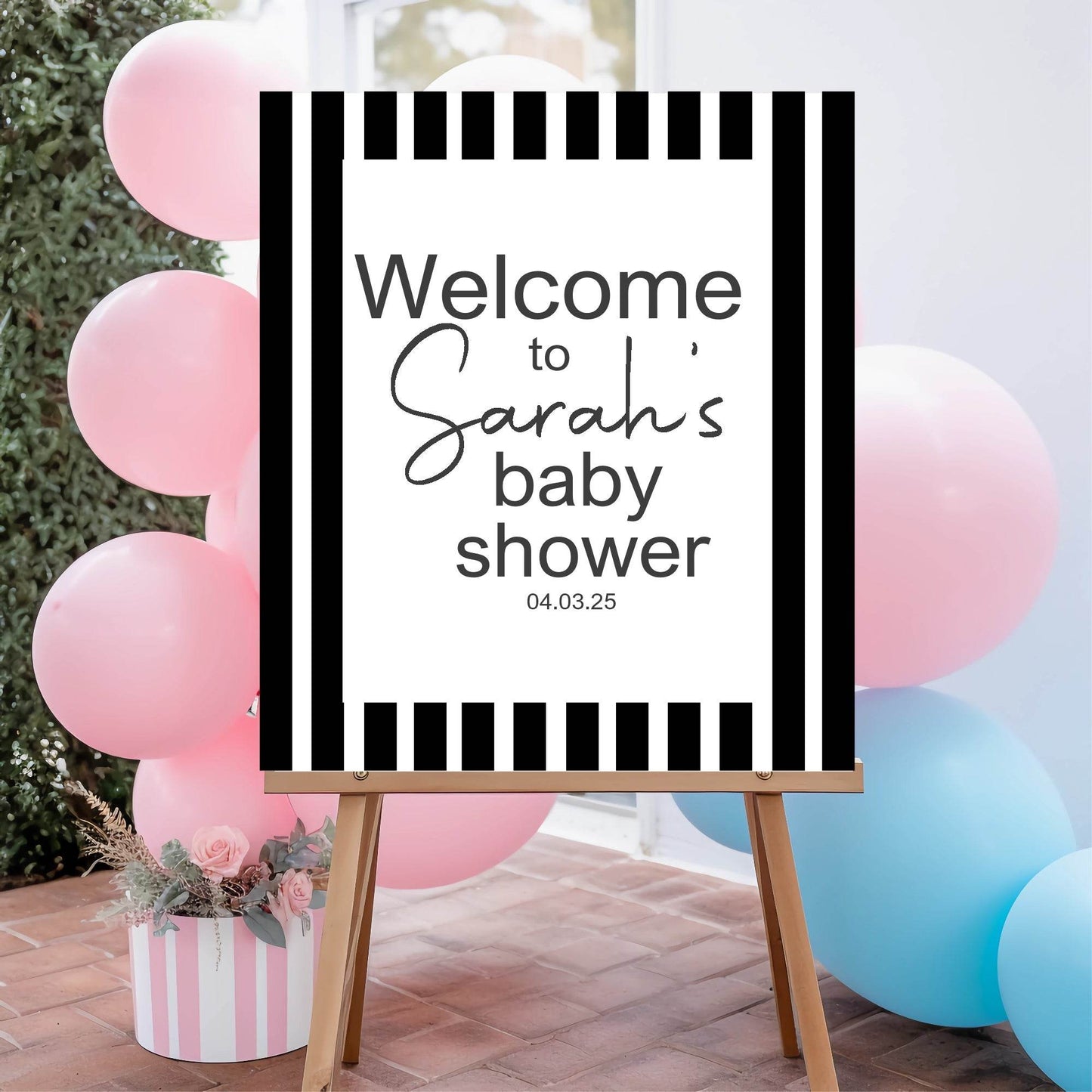 Black and White Stripe Welcome To Our Baby Shower Party Sign