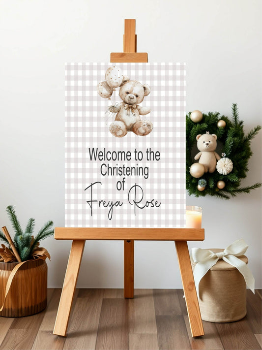 Checkered Bear Welcome Christening | Baptism Party Sign