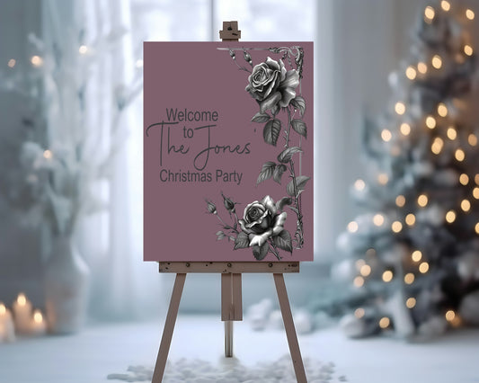 Gothic Purple Rose Welcome Christmas Party Sign