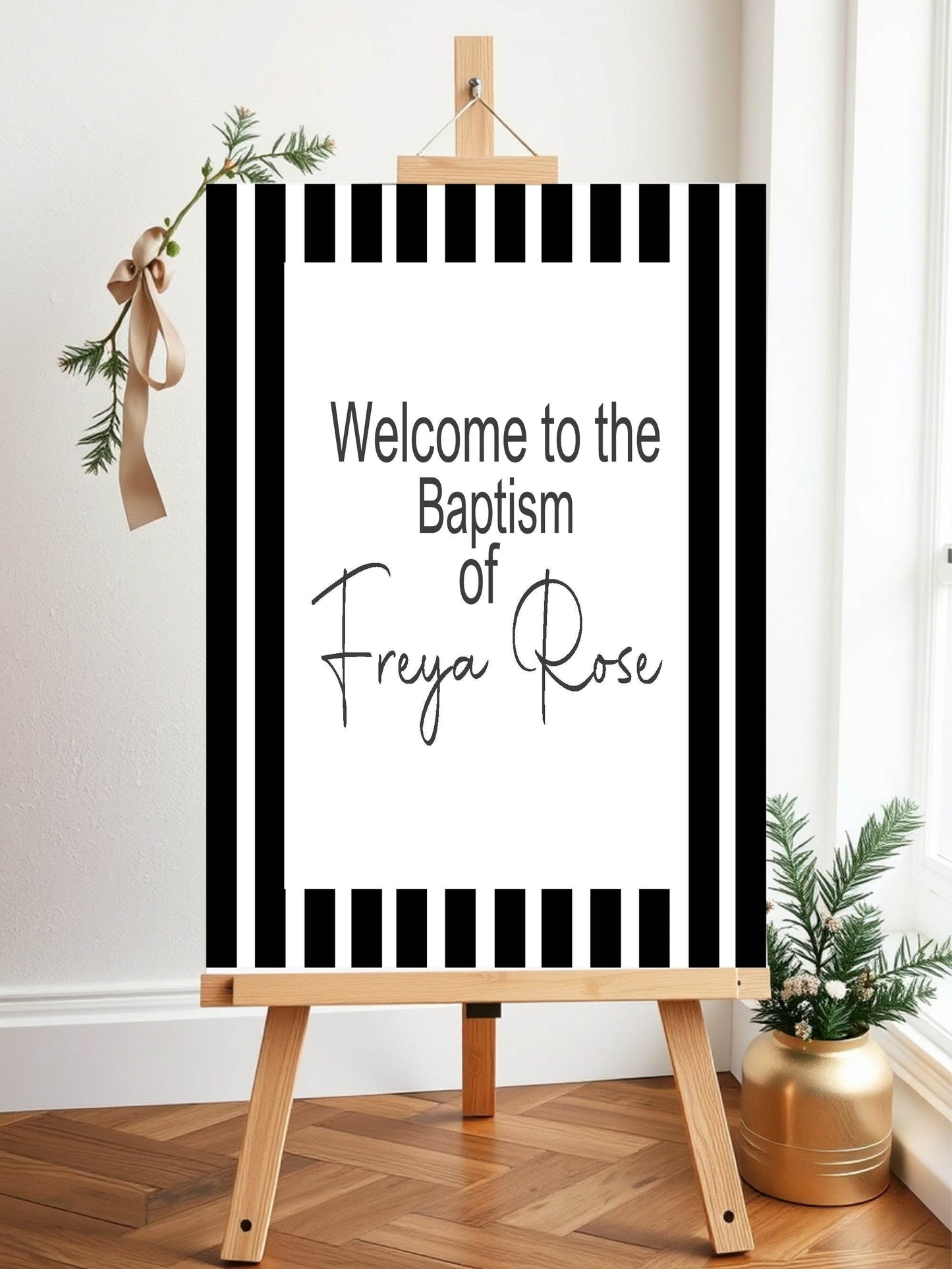 Black & White Stripe Welcome Christening | Baptism Party Sign