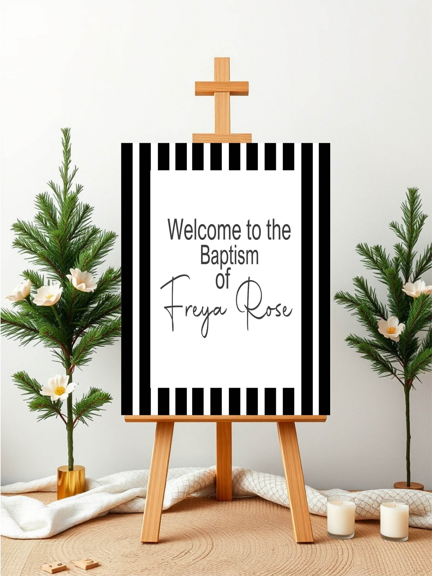Black & White Stripe Welcome Christening | Baptism Party Sign