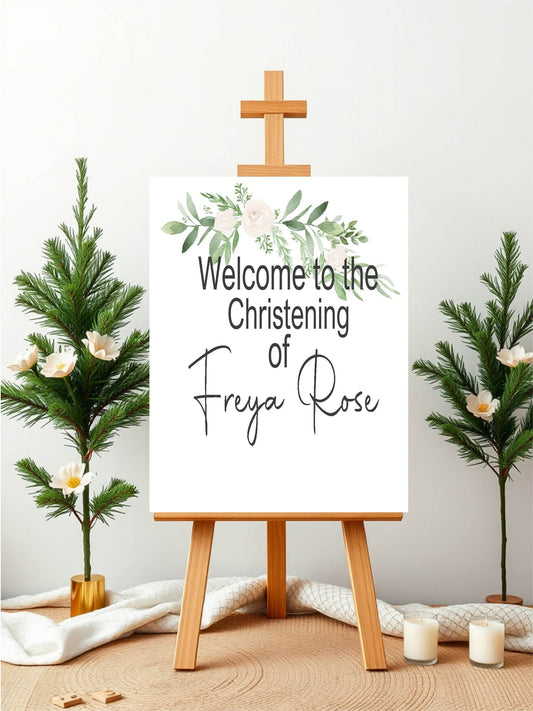 Green & White Rose Welcome Christening | Baptism Party Sign