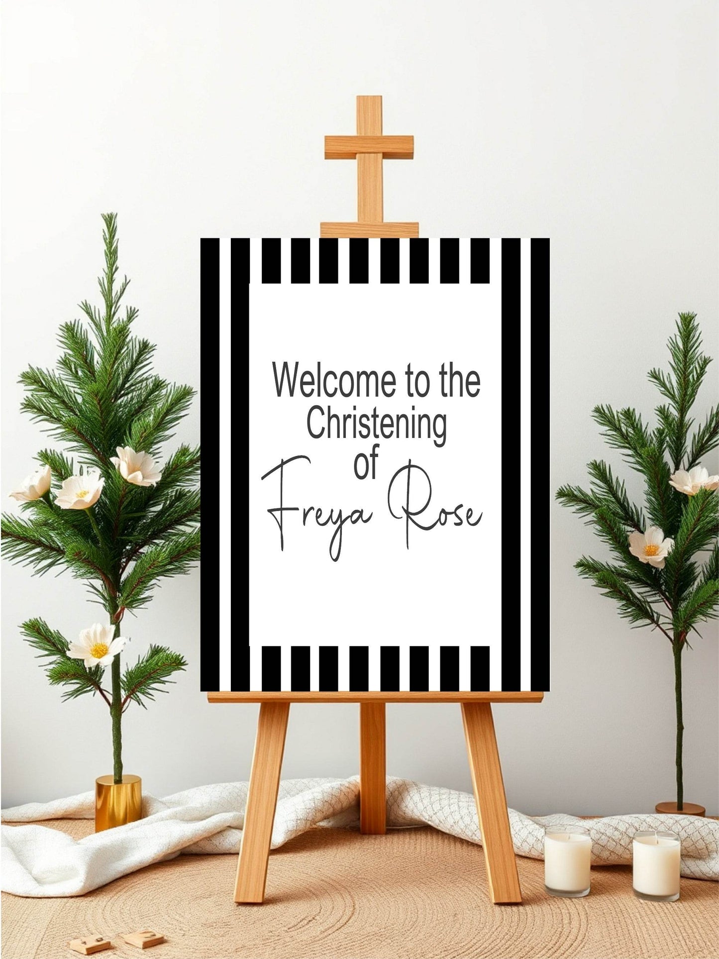 Black & White Stripe Welcome Christening | Baptism Party Sign