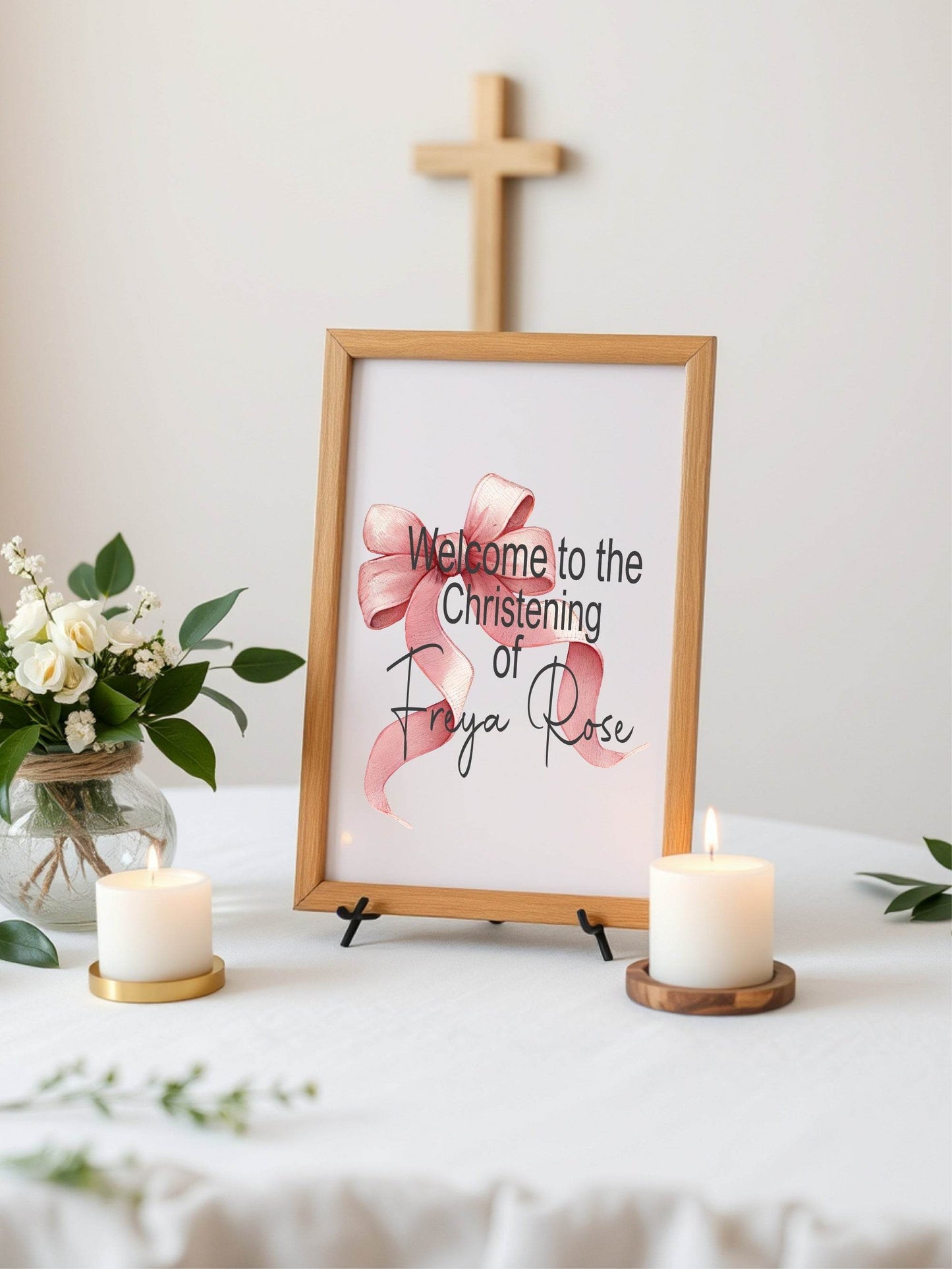 Bows Welcome Christening | Baptism Party Sign | Beige, Pink or Blue