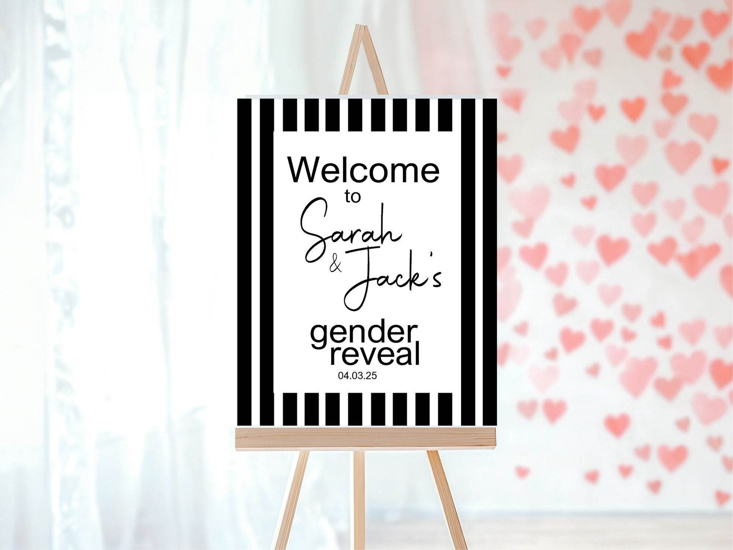 Black and White Stripe Welcome To Our Gender Reveal Party Sign