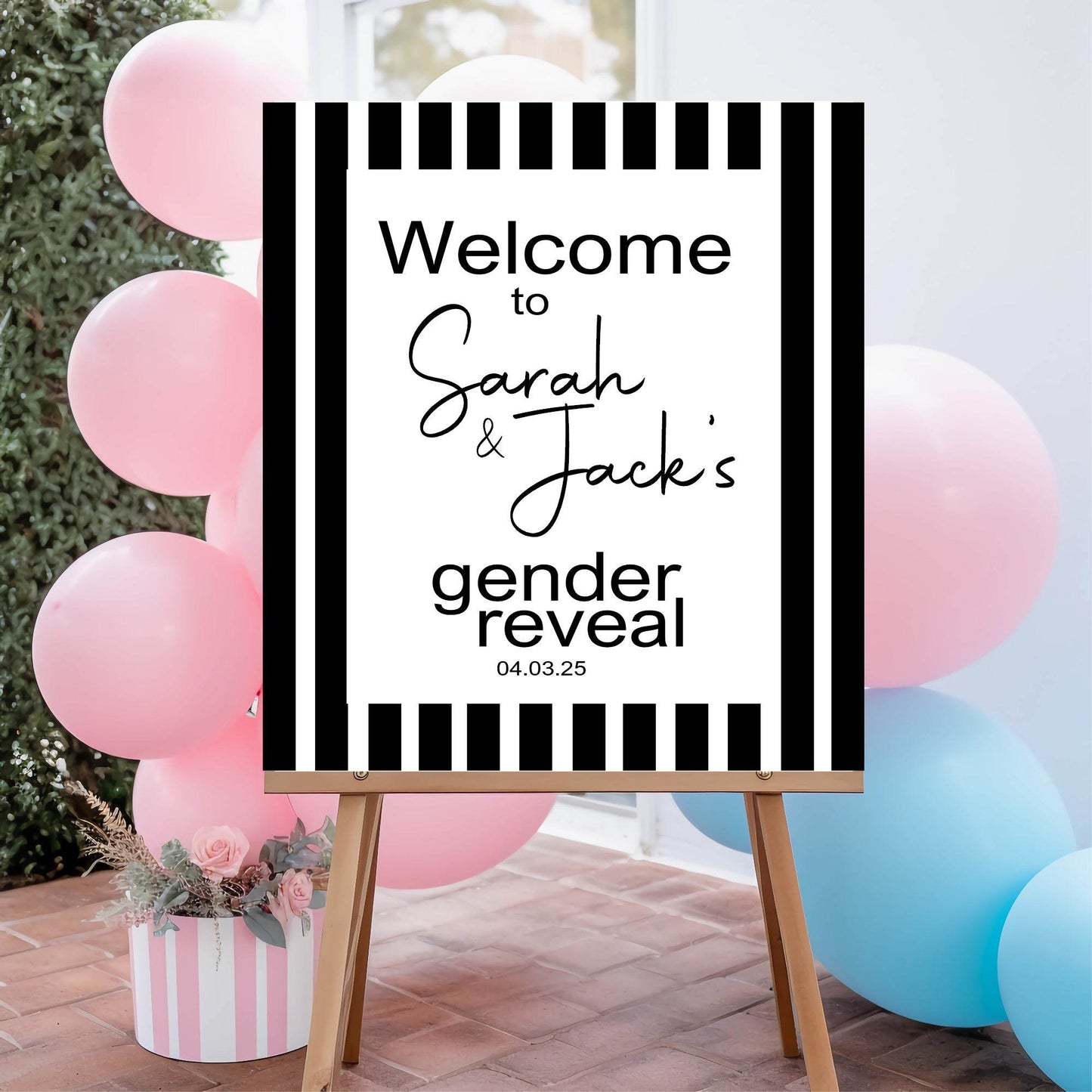 Black and White Stripe Welcome To Our Gender Reveal Party Sign