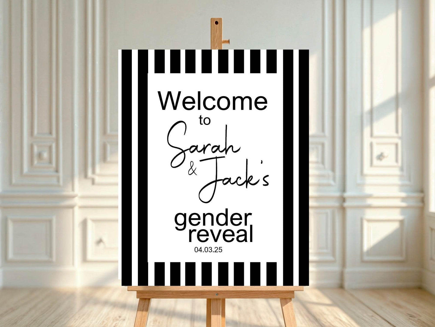 Black and White Stripe Welcome To Our Gender Reveal Party Sign