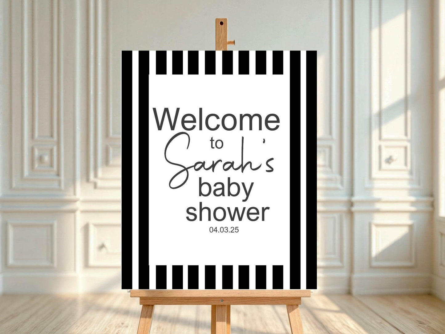 Black and White Stripe Welcome To Our Baby Shower Party Sign