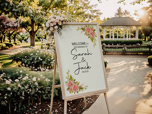 Pink Rose Welcome To Our Wedding Party Sign
