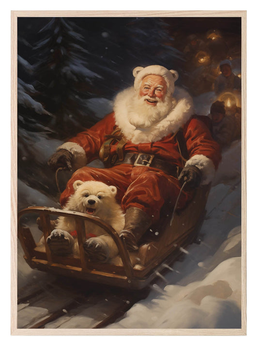 Vintage Santa Snow Tubing Print | Christmas Wall Art