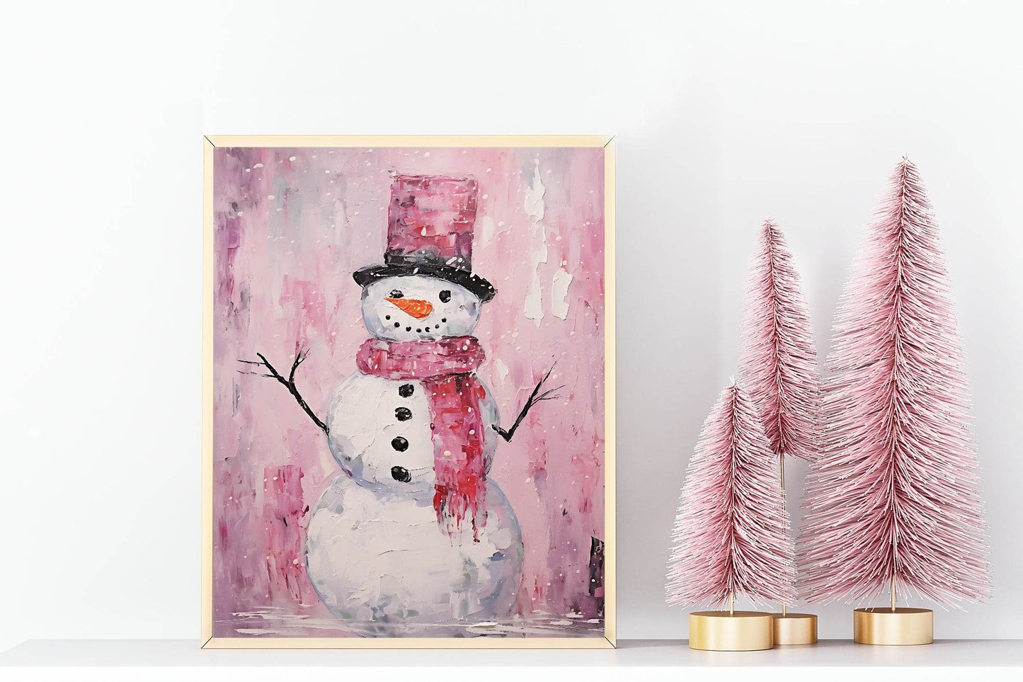 Pink Snowman Print | Oil Painting | Christmas Wall Art
