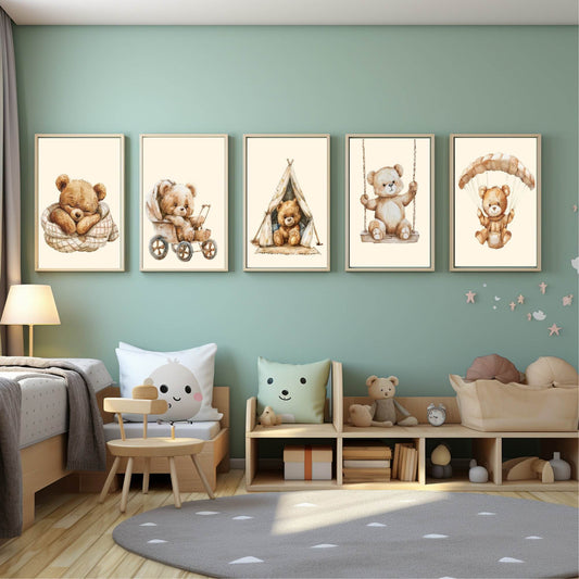 Teddy In Pram Print | Vintage Teddy Collection | Nursery Wall Art