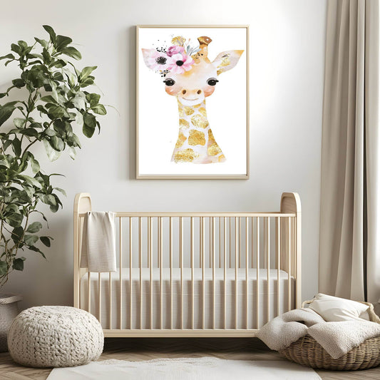 Giraffe Print | Floral & Gold | Nursery Wall Art