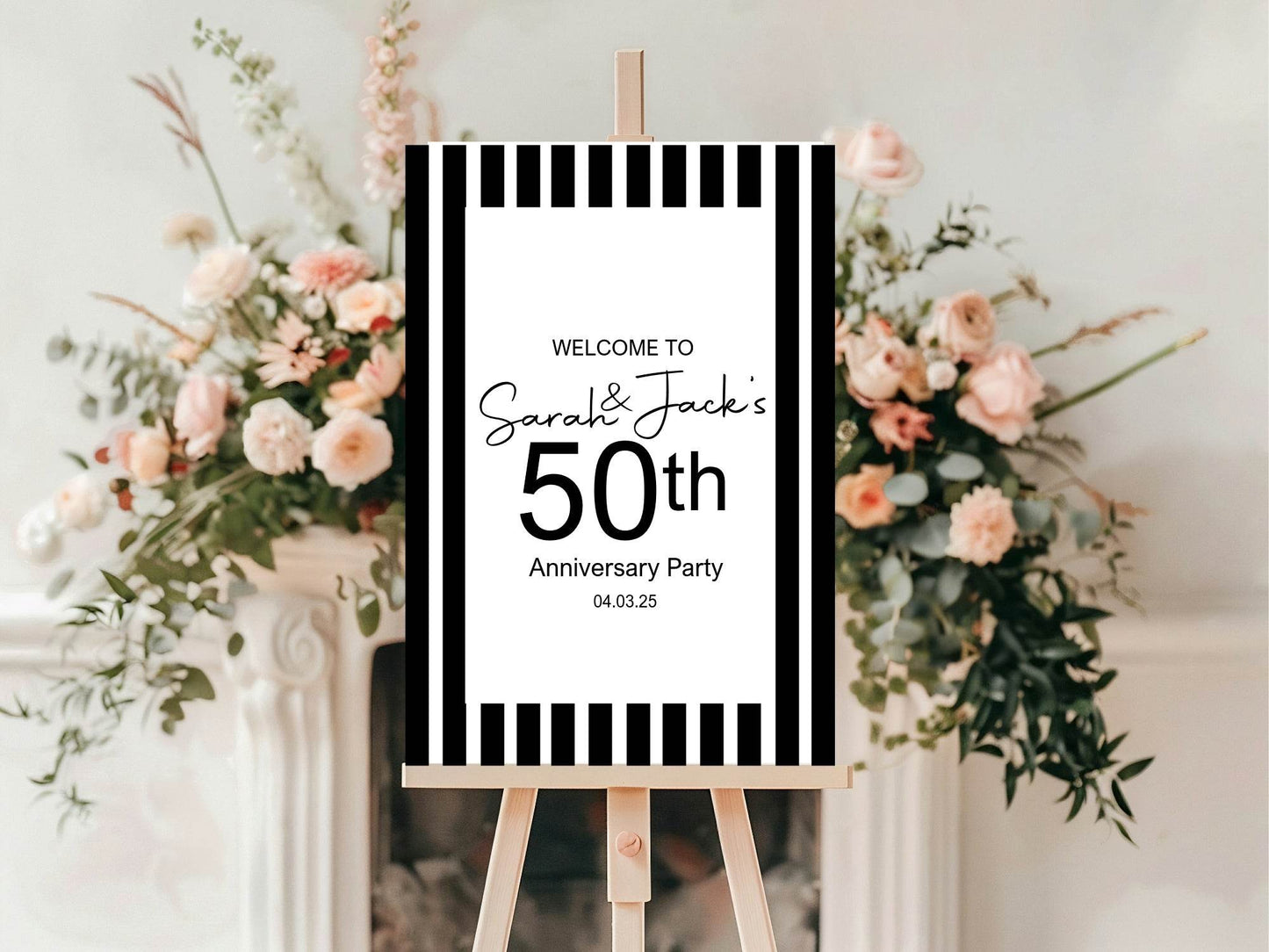 Black & White Stripe Welcome Anniversary Party Sign
