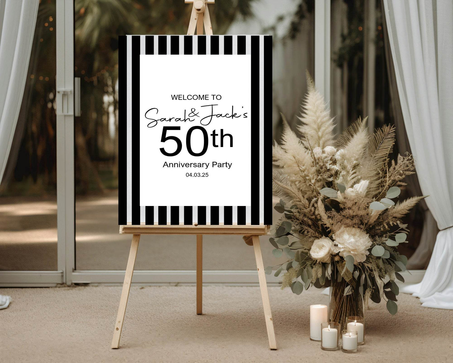 Black & White Stripe Welcome Anniversary Party Sign