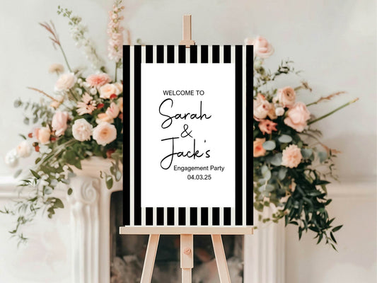 Black & White Stripe Engagement Welcome Party Sign
