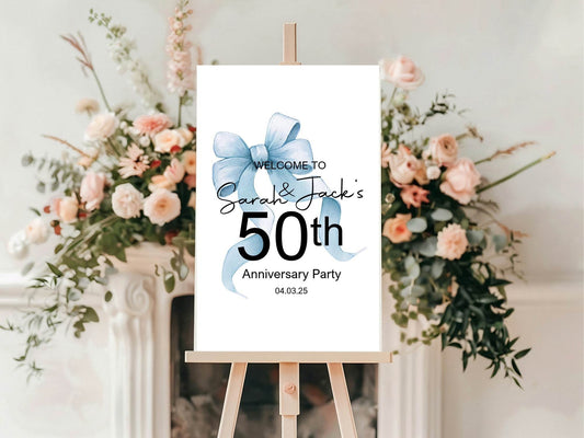 Blue Bow Welcome Anniversary Party Sign