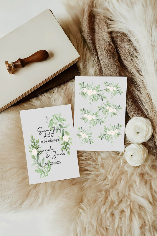 Green & White Rose Save The Date Wedding Party Cards & Envelopes | Pack of 10
