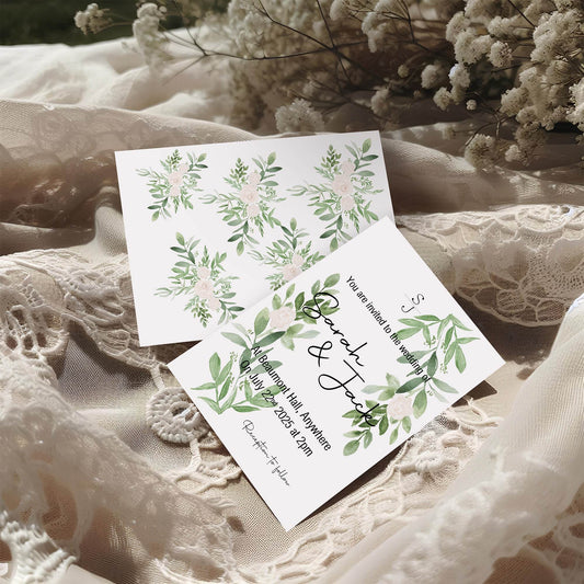 Green & White Rose Wedding Invitation Suite
