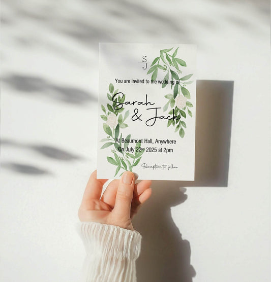 Green & White Rose Wedding Party Invitations & Envelopes | Pack of 10