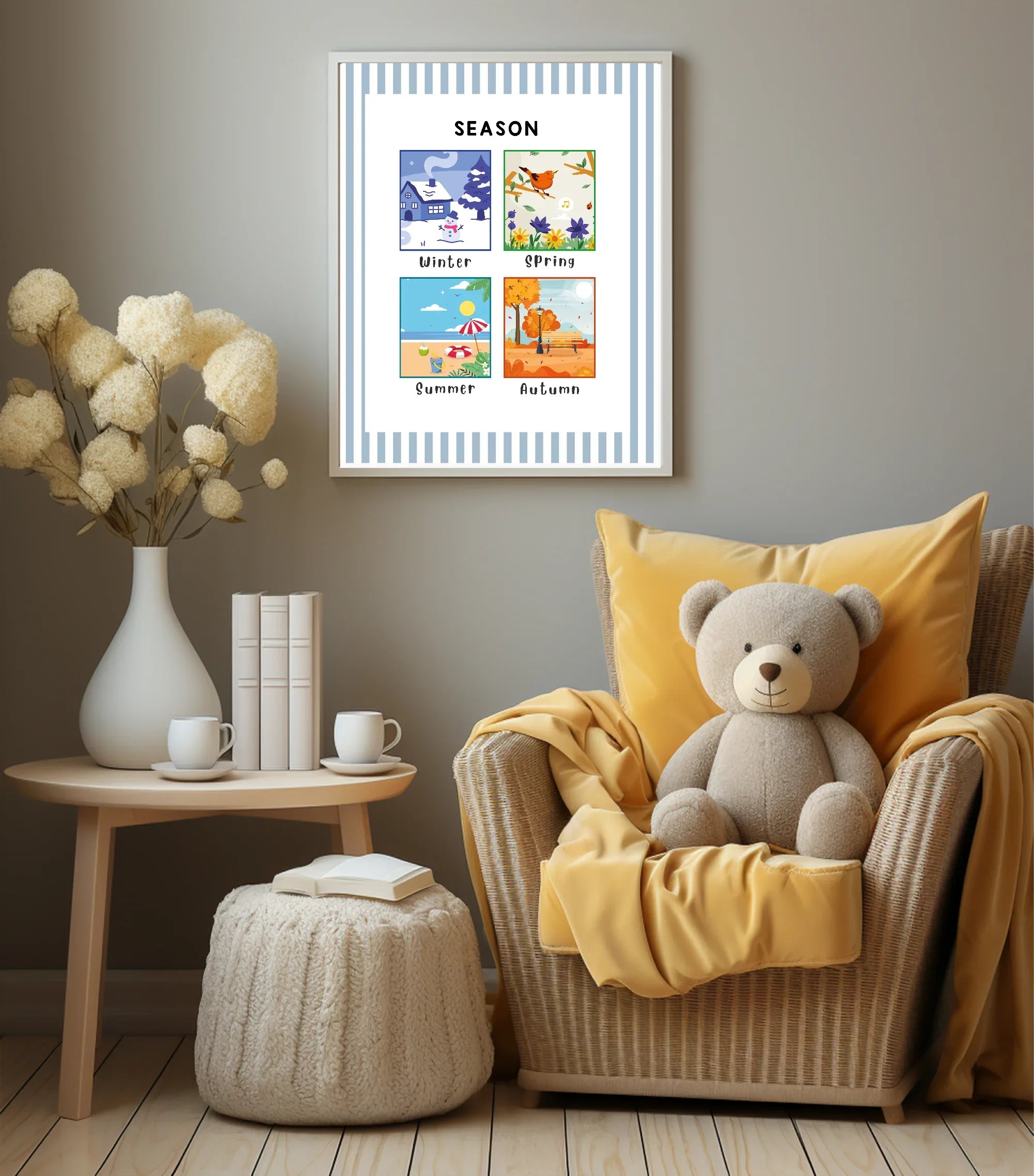Pastel Stripe Seasons Educational Wall Art Poster | Blue, Pink or Mint ...