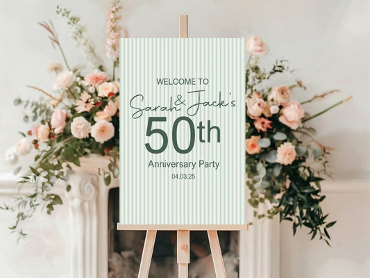 Sage Green Stripe Welcome Anniversary Party Sign