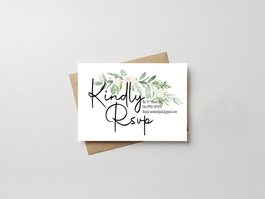 Green & White Rose RSVP Wedding Party Cards | Pack of 10 | A6