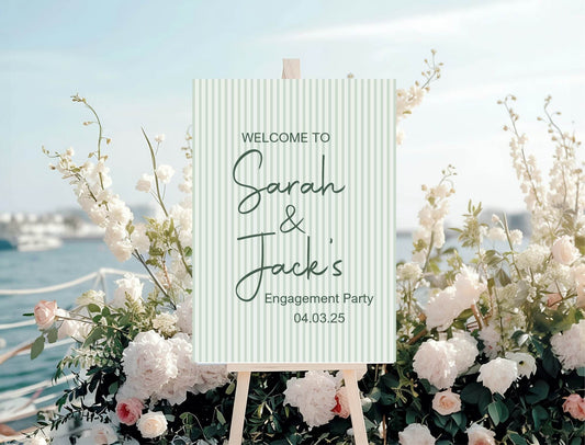 Sage green Stripe Engagement Welcome Party Sign