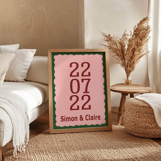 Personalised Date and Names Print | Anniversary Wall Art | Pink, Red and Green Print