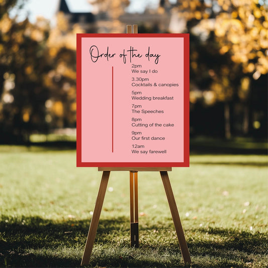 Red & Pink Order Of The Day Wedding Party Sign