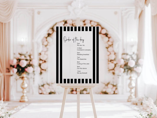 Black & White Stripe Order Of The Day Wedding Party Sign