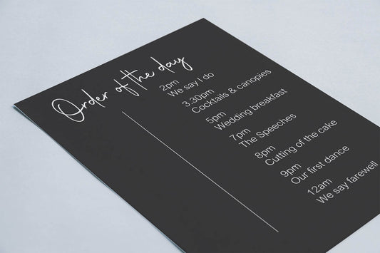 Minimalist Noir Order Of The Day Wedding Party Sign