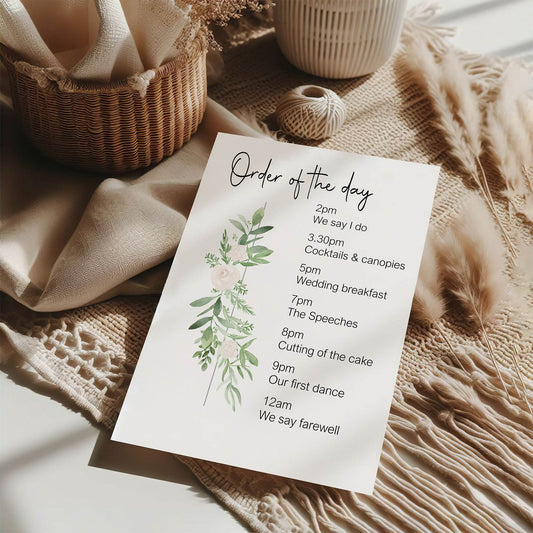 Green & White Rose Order Of The Day Wedding Party Sign