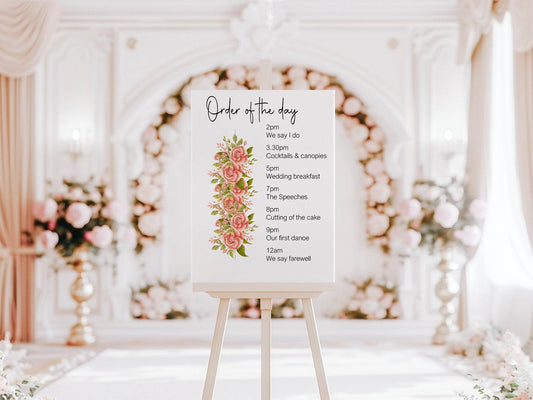Pink Rose Order Of The Day Wedding Party Sign