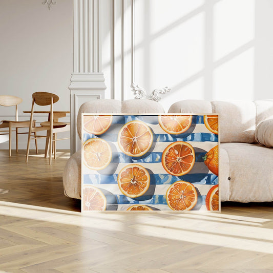 Oranges On Picnic Blanket Print | Blue & White Stripe Wall Art