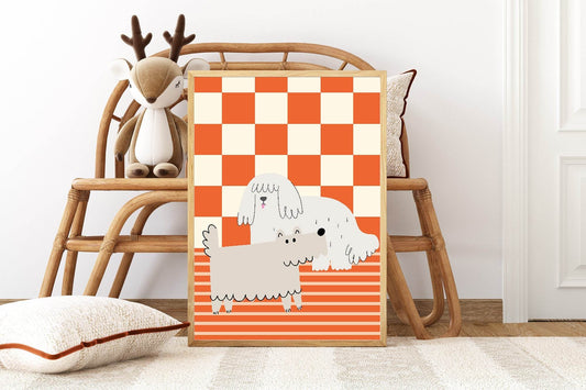 Orange Checks & Stripes Dog Print | Kids Wall Art