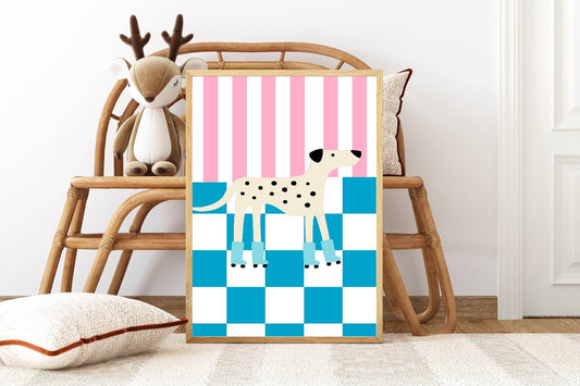Spotty Dog on Roller Skates Print | Kids Wall Art