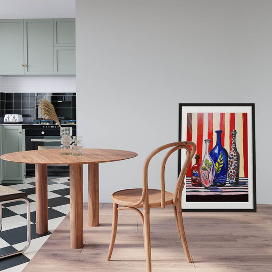 Vases On Stripe Print | Red & Blue Modern Wall Art