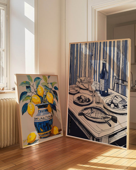 Blue Stripe Dinner Table Print | Food & Drink Wall Art