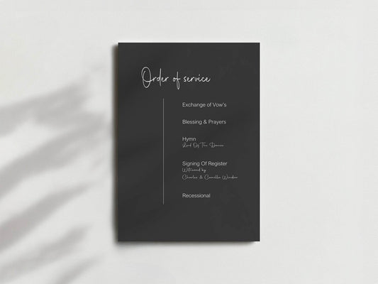 Minimalist Noir Order Of Service Wedding Party Sign