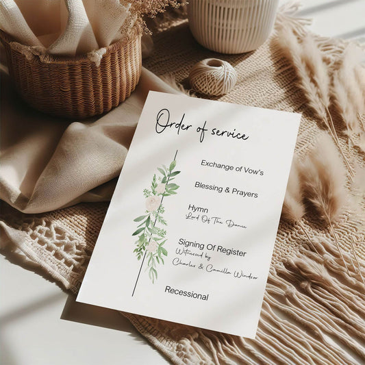 Green & White Rose Order Of Service Wedding Party Sign