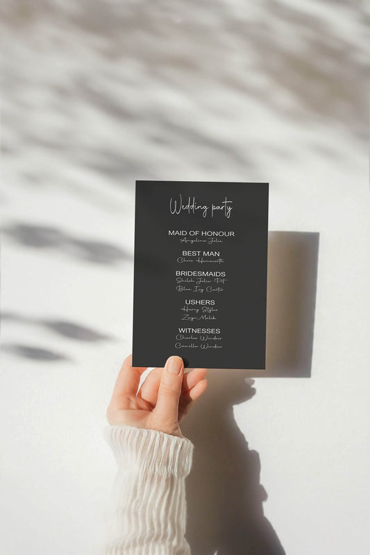 Minimalist Noir Wedding Party Sign - List Special Roles