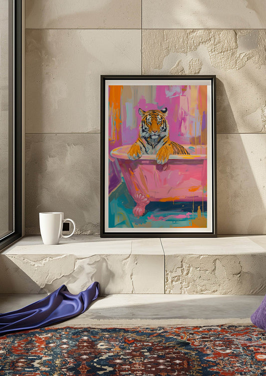 Tiger in Bathtub Print | Colourful Wall Art | Whimsical Animal Illustration