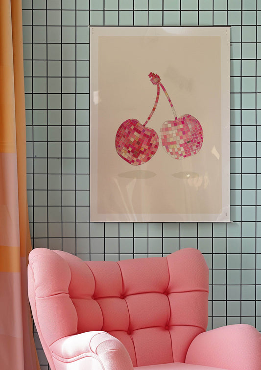Glitter Ball Cherries Print | Pink & Red Disco Fruit Art | Beige