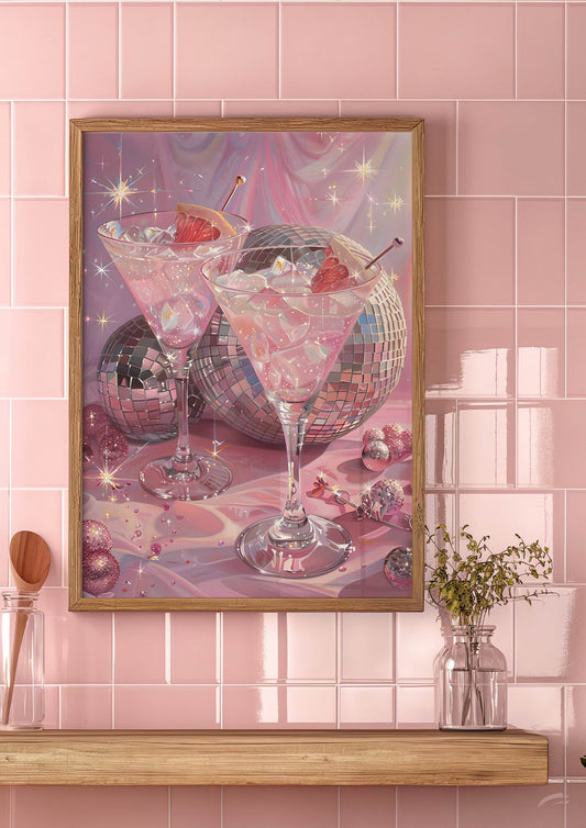Disco Balls and Drinks Print | Coquette Style | Retro Party Wall Art