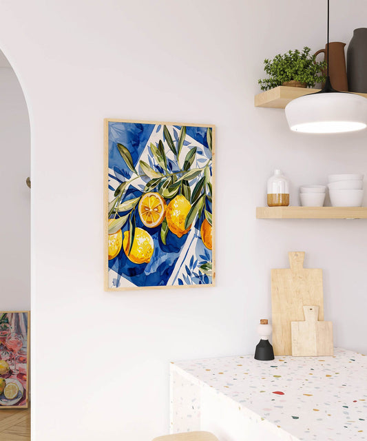 Lemons Print | Contemporary Wall Art | Blue Picnic Blanket Illustration