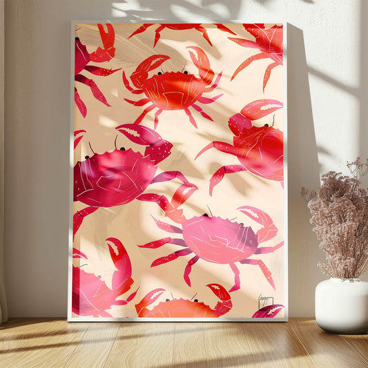 Crab Print | Pink and Red Crab Pattern Wall Art | Beige